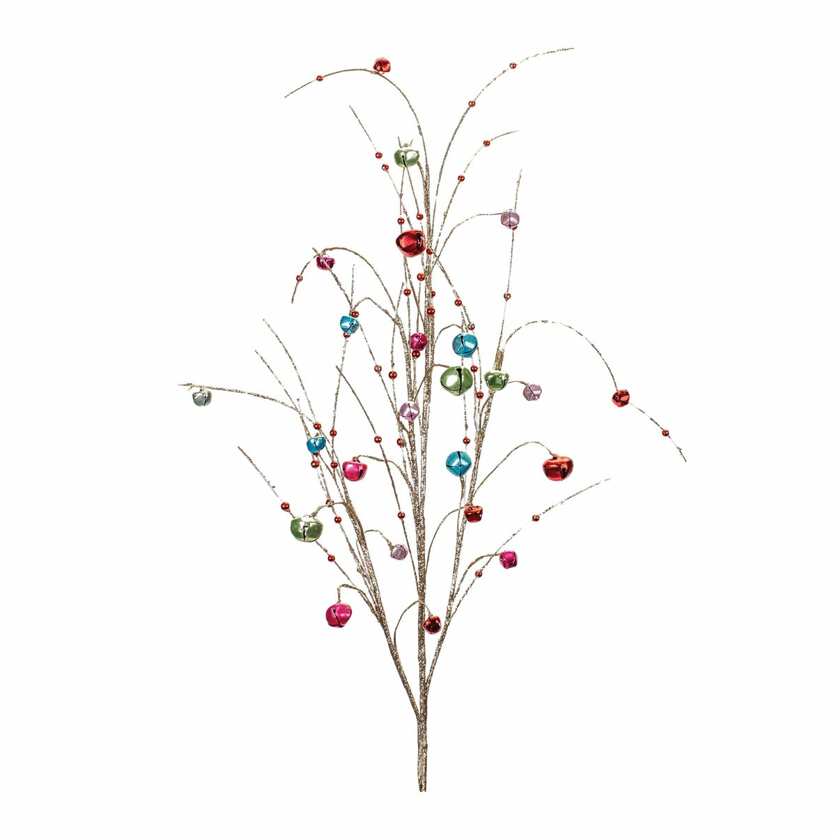 Glittery gold branch spray adorned with multicolor jingle bells and small red beads