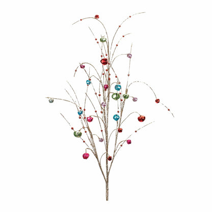 Glittery gold branch spray adorned with multicolor jingle bells and small red beads
