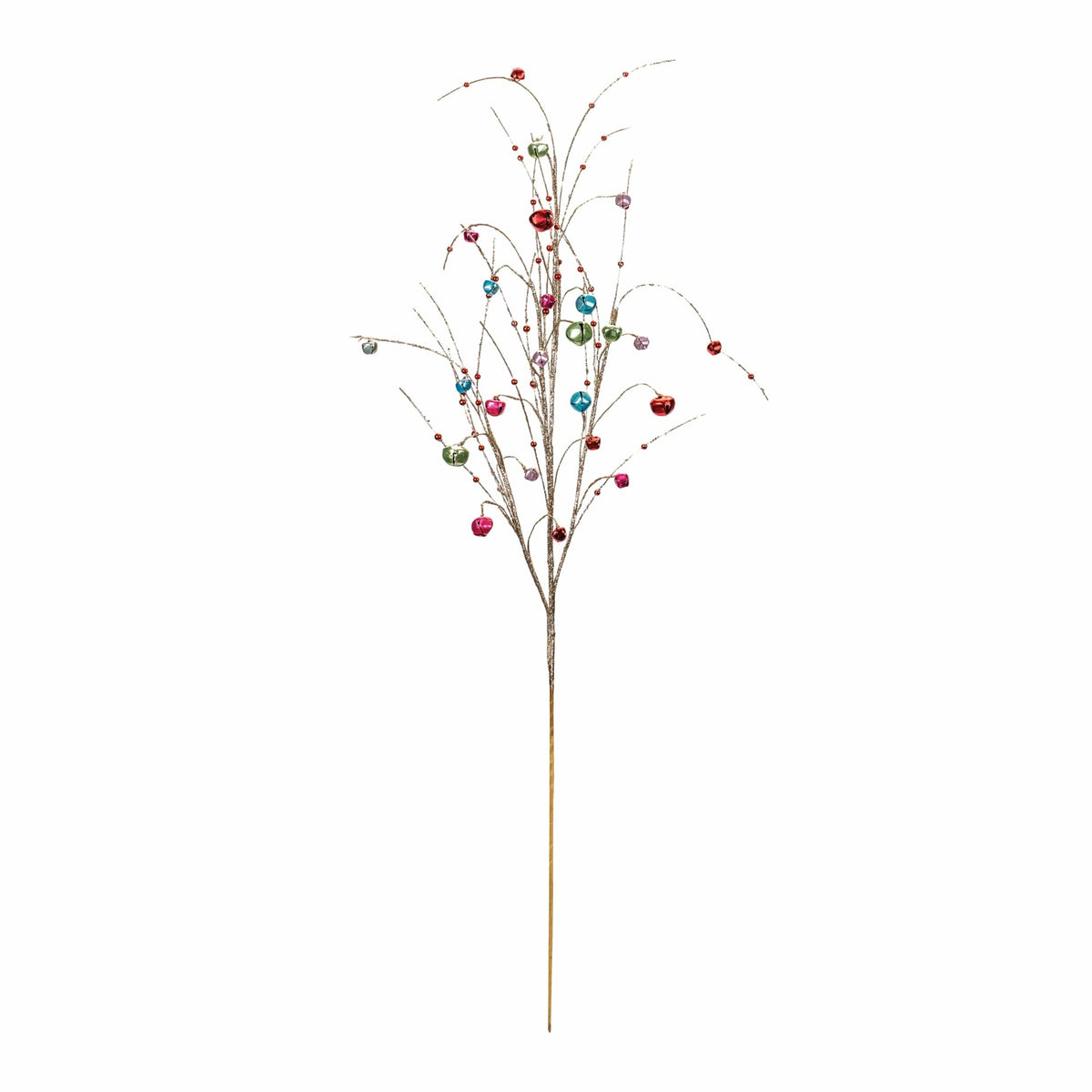 Decorative glitter branch spray with multicolored metallic jingle bells and red berries