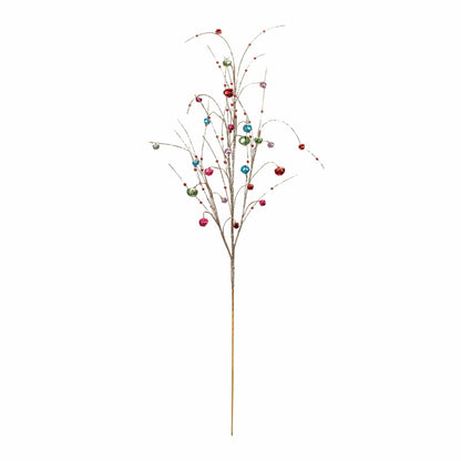 Decorative glitter branch spray with multicolored metallic jingle bells and red berries