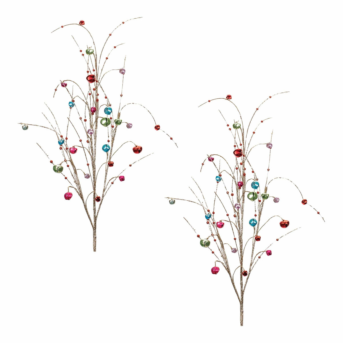 Two glittery branch sprays adorned with colorful jingle bells and small red beads, front view