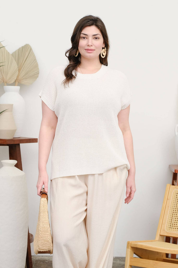 PLUS CREW NECK SHORT SLEEVE CROCHET KNIT PULLOVER