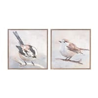 Two framed bird paintings on wood blocks in soft neutral tones