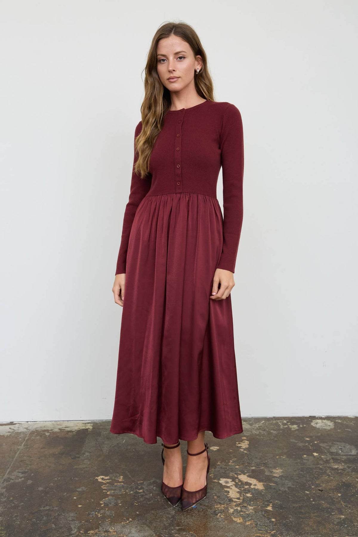 Knit Cardigan Satin Skirt Twofer Midi Dress