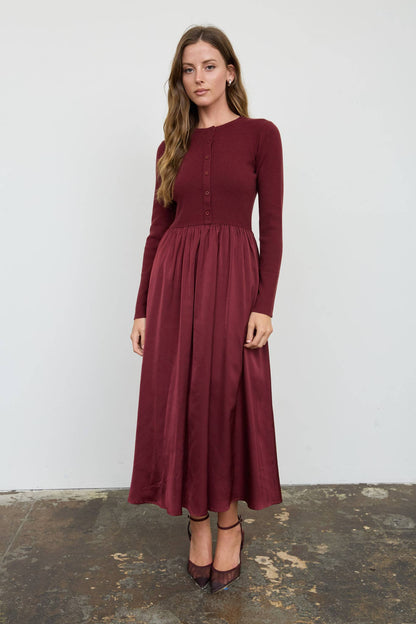 Knit Cardigan Satin Skirt Twofer Midi Dress