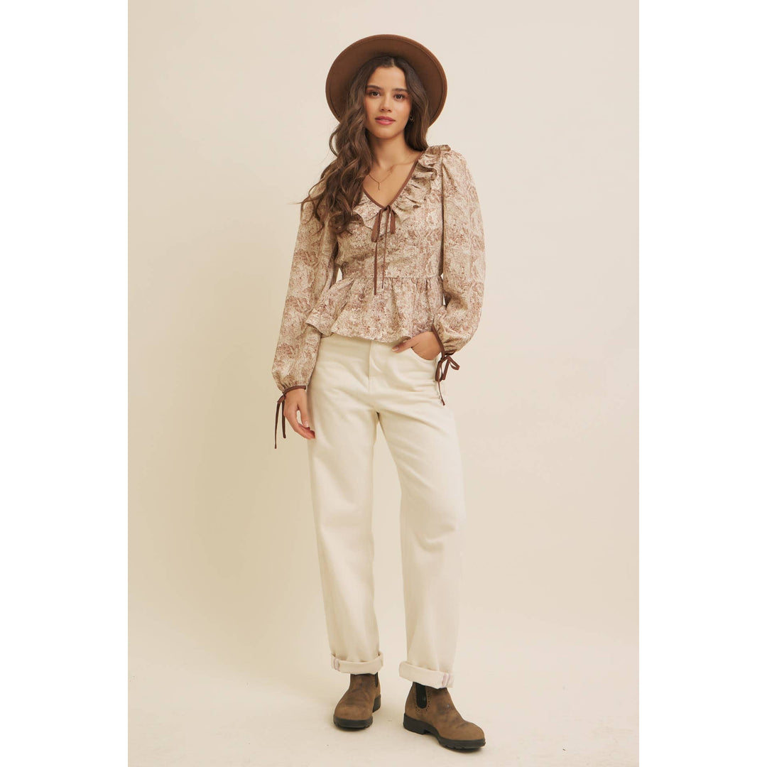 Toile Printed Babydoll Blouse With Balloon Sleeves