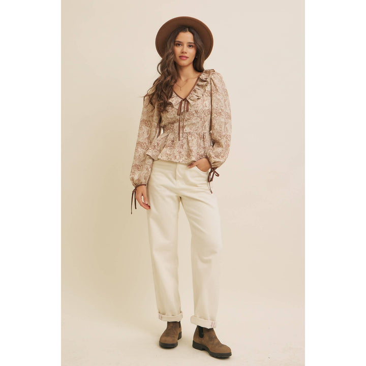 Toile Printed Babydoll Blouse With Balloon Sleeves