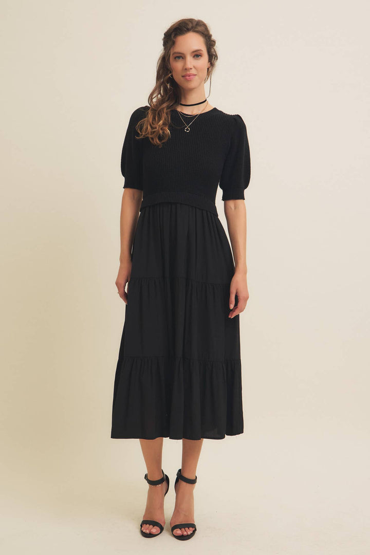Mixed Media Sweater Midi Dress With Woven Skirt
