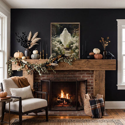 Ghost In The Garden framed art print displayed above a decorated Halloween fireplace mantel.