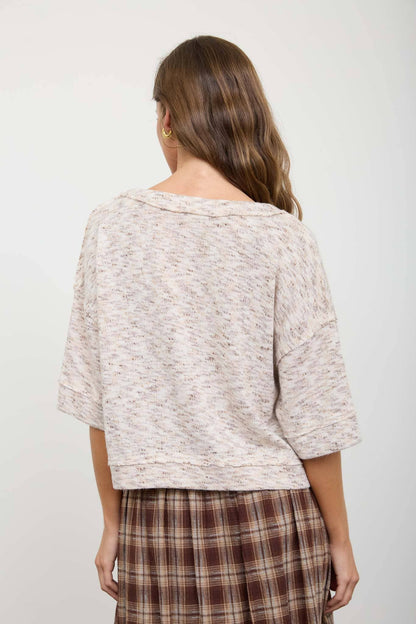 MARLED BUTTON DOWN SHORT SLEEVE RAW EDGE KNIT TOP