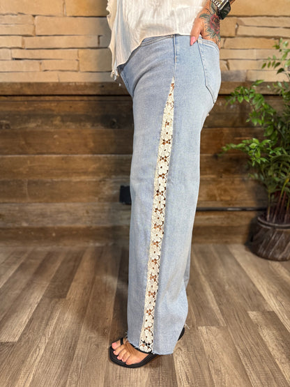 High Rise Crop Wide Flower Lace Jeans