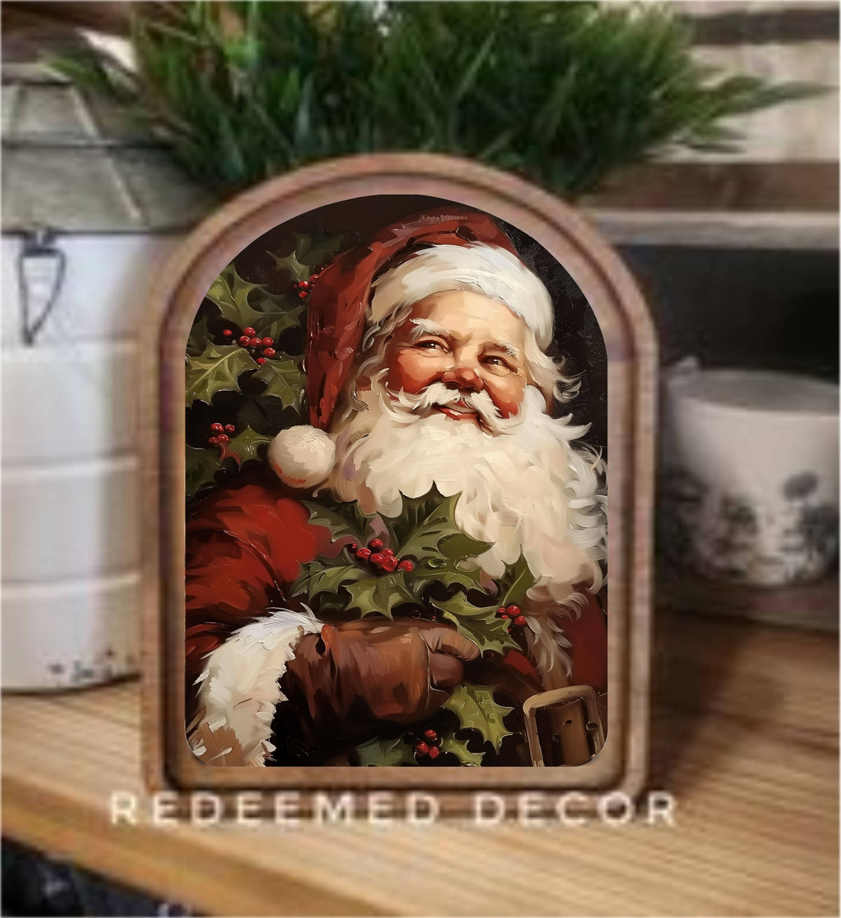 Arched wood-framed vintage Santa canvas art with holly berries on wood shelf