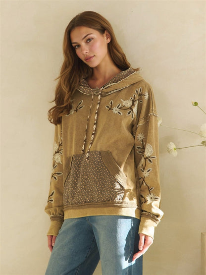 Tan mineral wash floral embroidered hoodie with contrast print pocket and drawstring