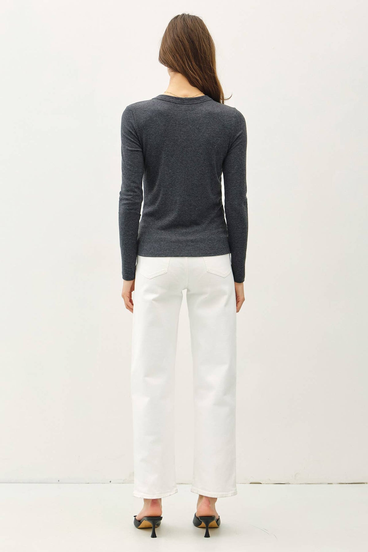 Be Cool charcoal gray round neck long sleeve fitted knit top, back view