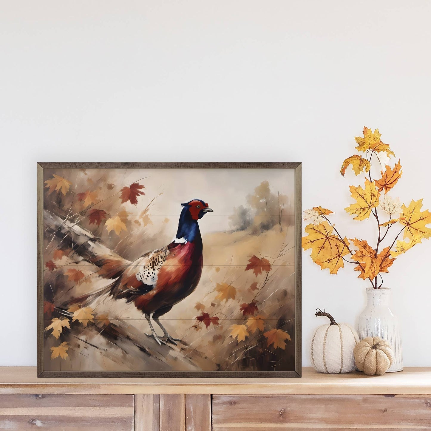 Framed fall pheasant watercolor painting in rustic brown frame, autumn leaves backdrop