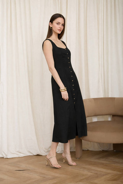 Button Down Sleeveless Split Hem Dress