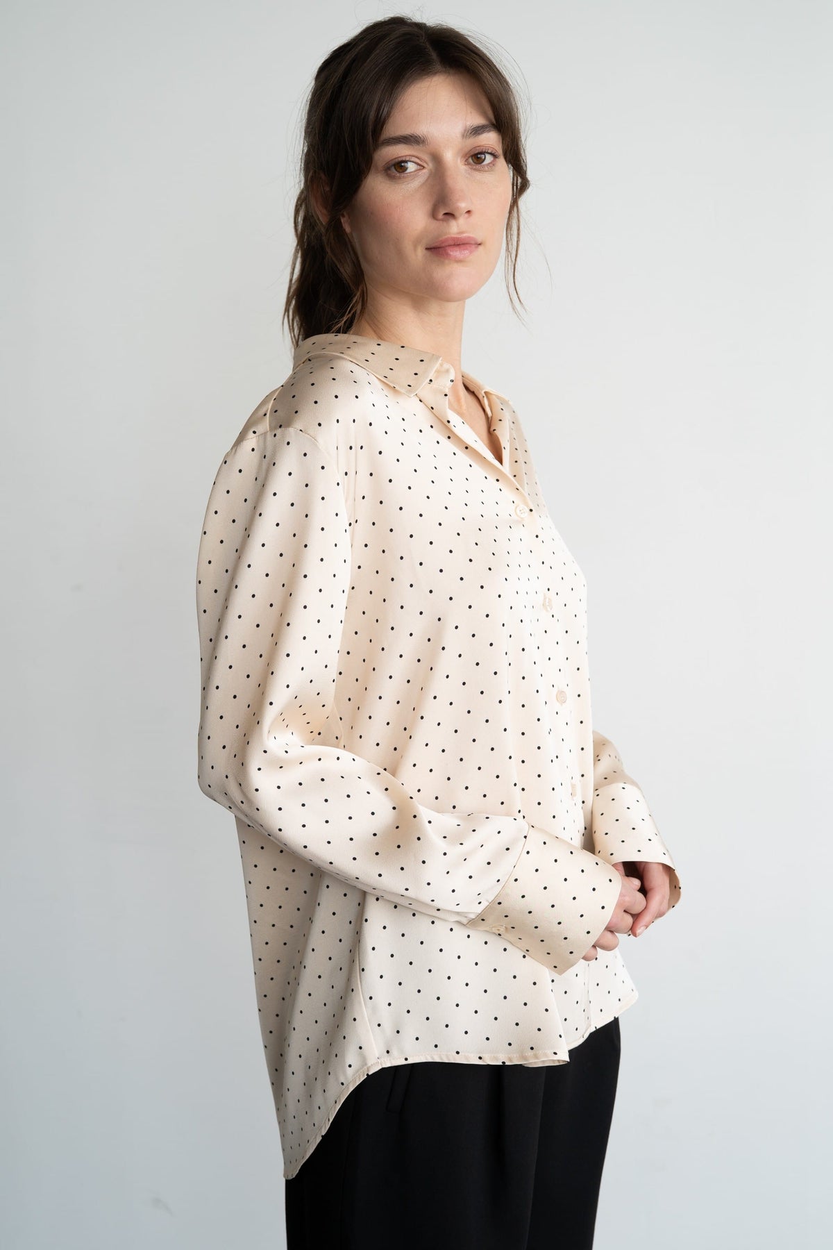 Elle Grey cream satin button-up blouse with black polka dot pattern, long sleeves