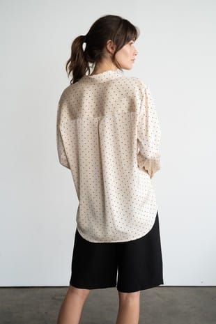 Elle Grey cream polka dot satin blouse with relaxed fit, back view