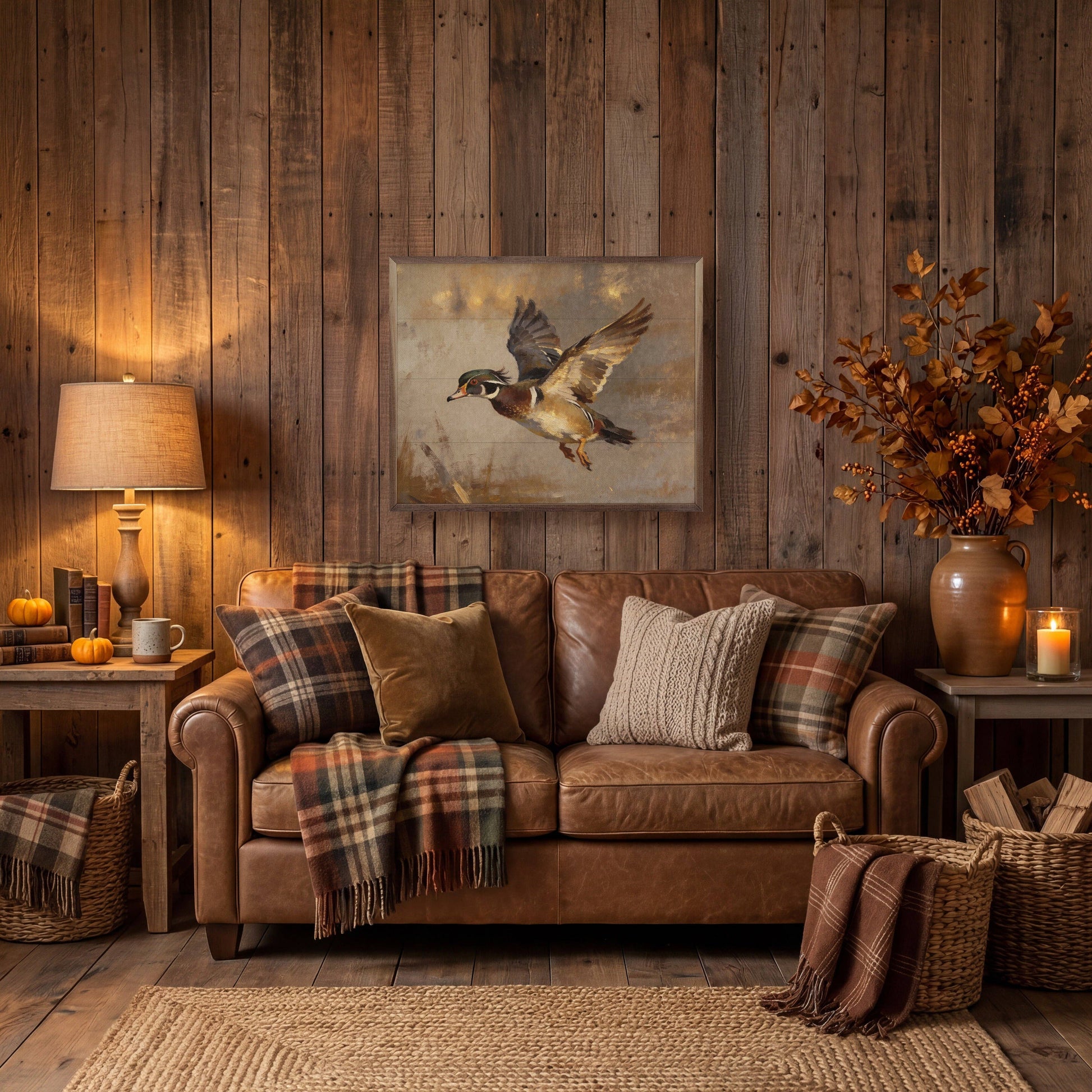 Wood duck in flight painting in warm rustic living room with leather sofa