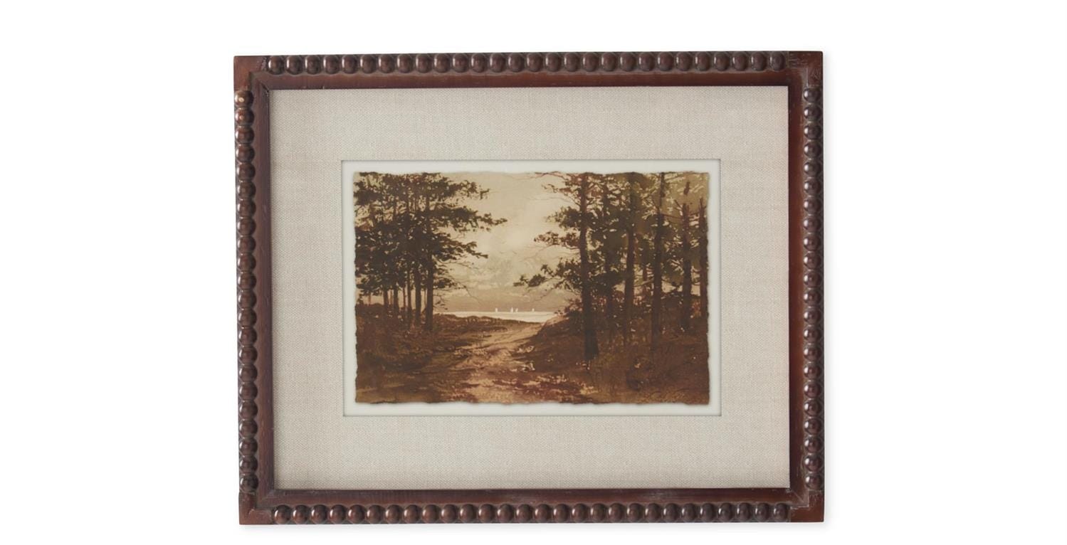 Brown beaded wood framed sepia landscape print with linen mat, forest path scene