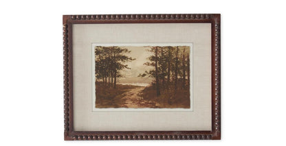 Brown beaded wood framed sepia landscape print with linen mat, forest path scene