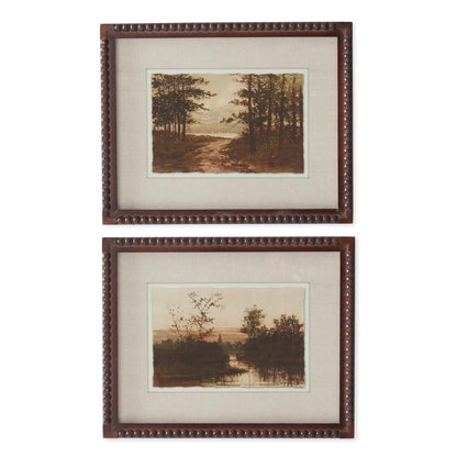 Two brown beaded wood framed sepia landscape prints with linen matting