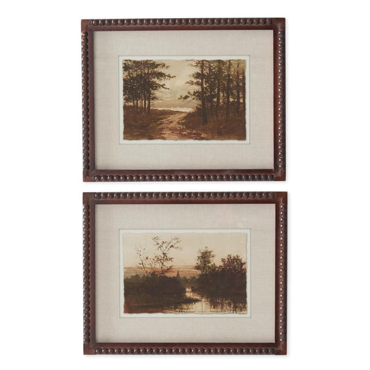 Two brown beaded wood framed sepia landscape prints with linen matting