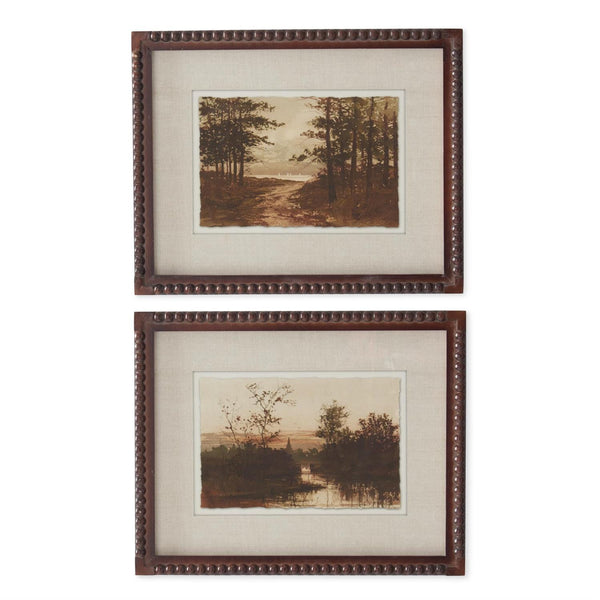 Two brown beaded wood framed sepia landscape prints with linen matting