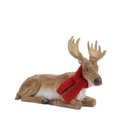 Resin moose figurine with antlers wearing a red knit scarf, lying down