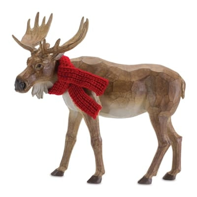 Brown resin moose figurine with red knit scarf and antlers, holiday décor