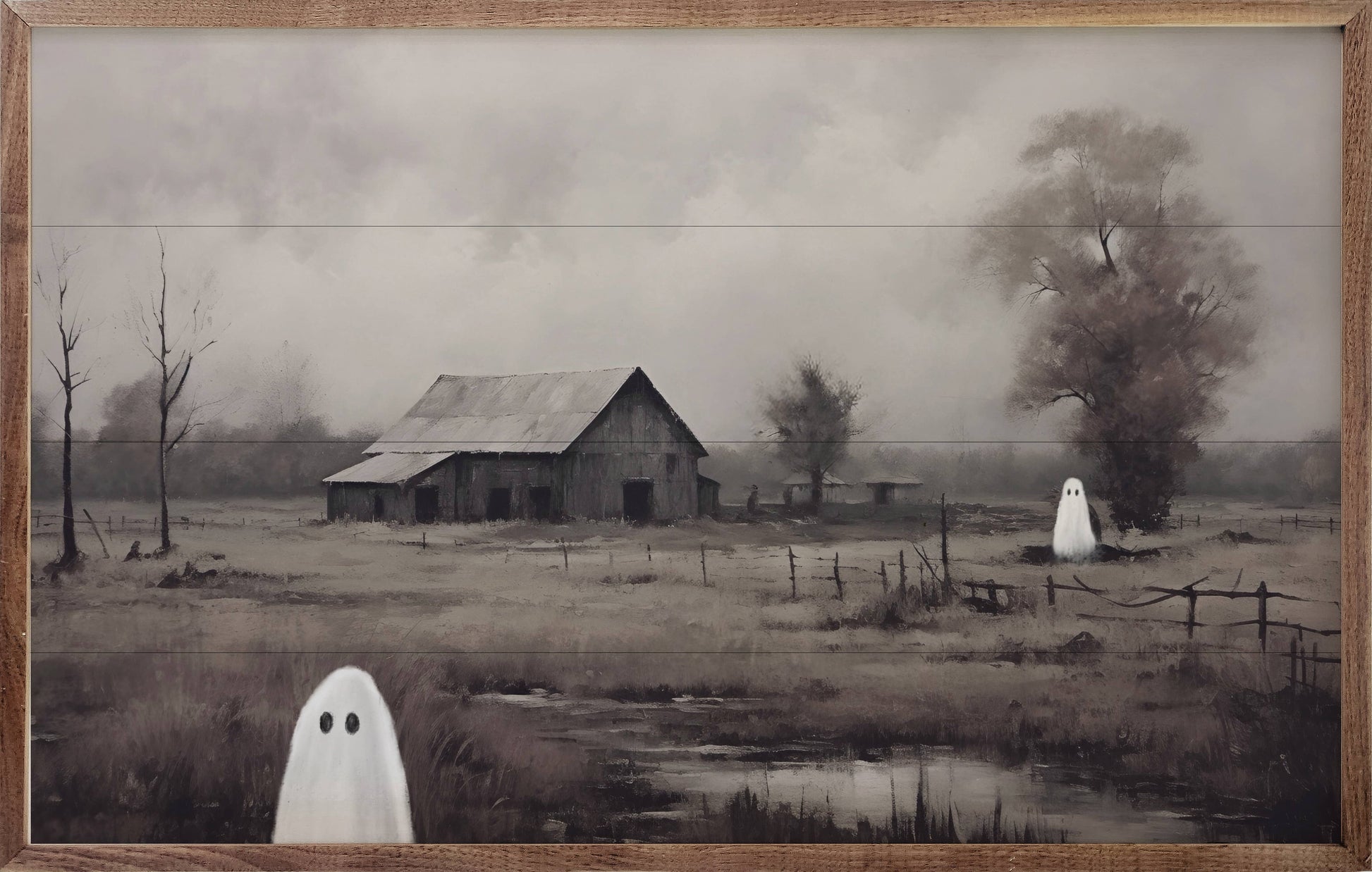Framed rustic wood wall art of foggy barn landscape with two white ghosts