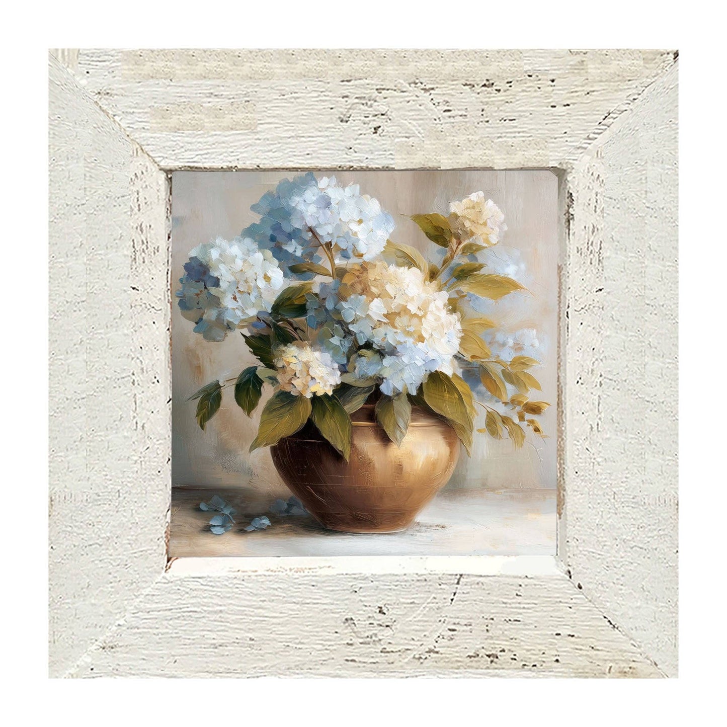 Copper Vase with Blue and White Hydrangeas
