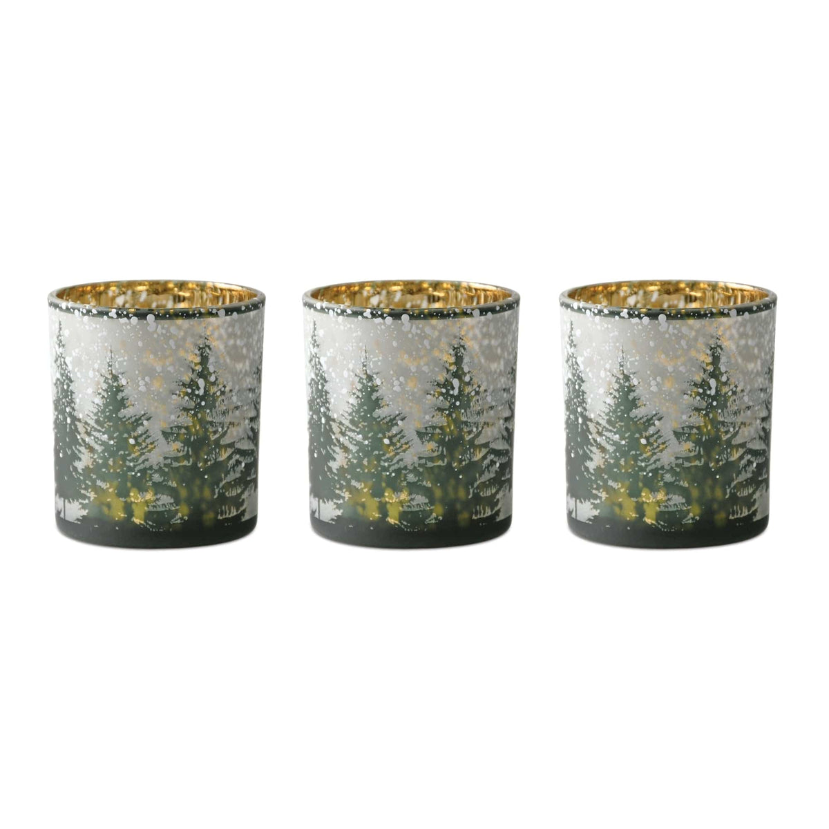 Set of three glass votive holders with snowy pine tree forest design and gold metallic interior