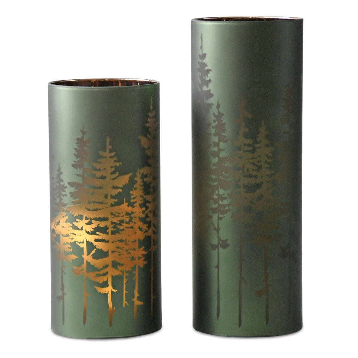Set of two matte dark green glass luminaries with gold pine tree silhouette design