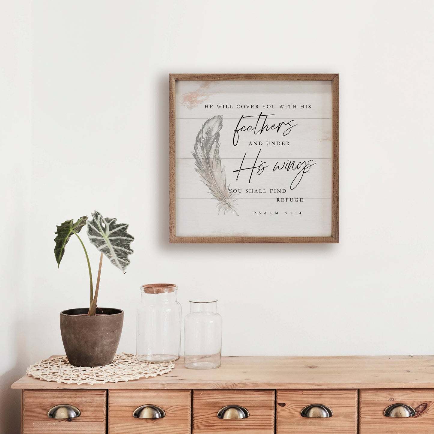 Framed wood sign with Psalm 91:4 feather art in white and gray