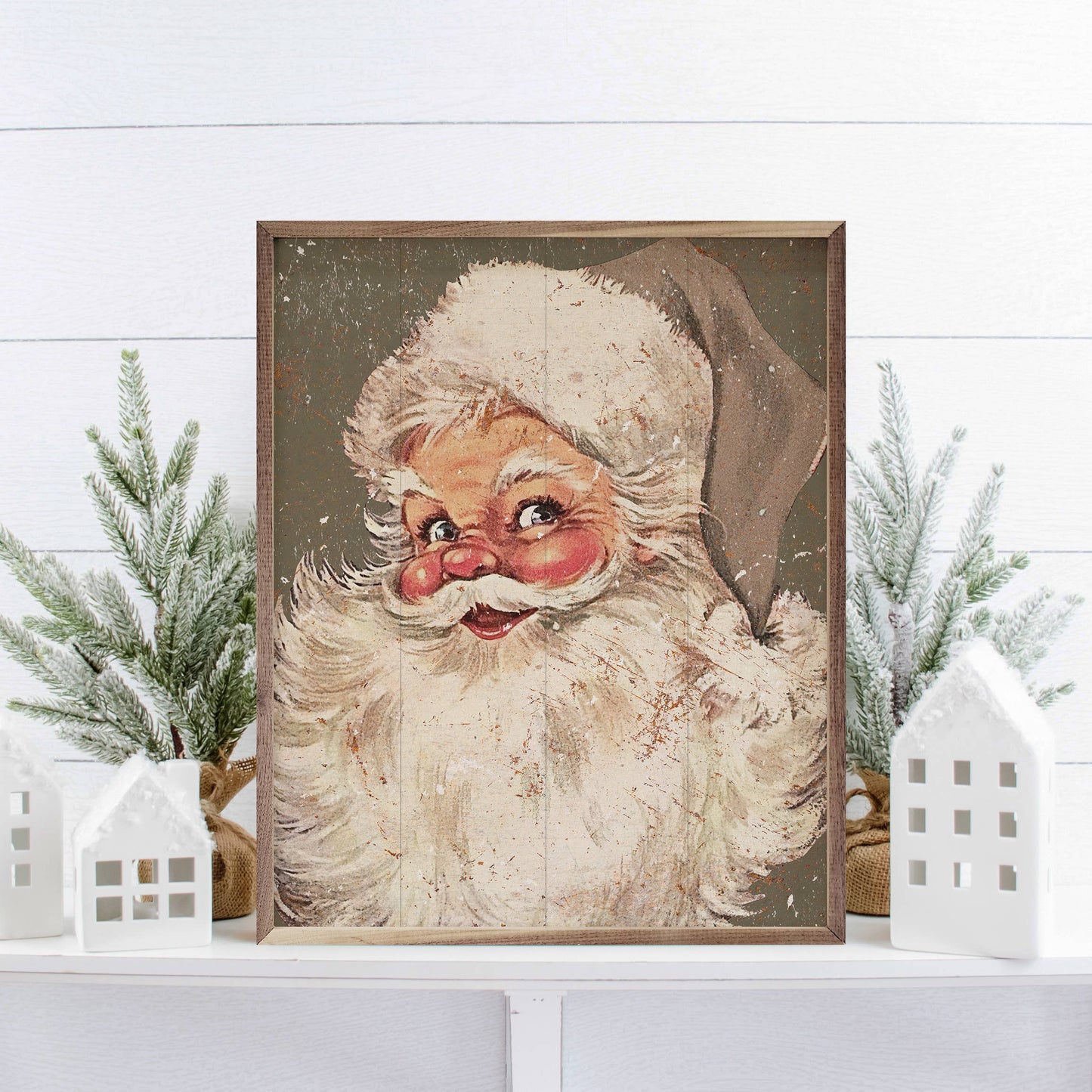 Santa Gray Hat Distressed Green Art Print