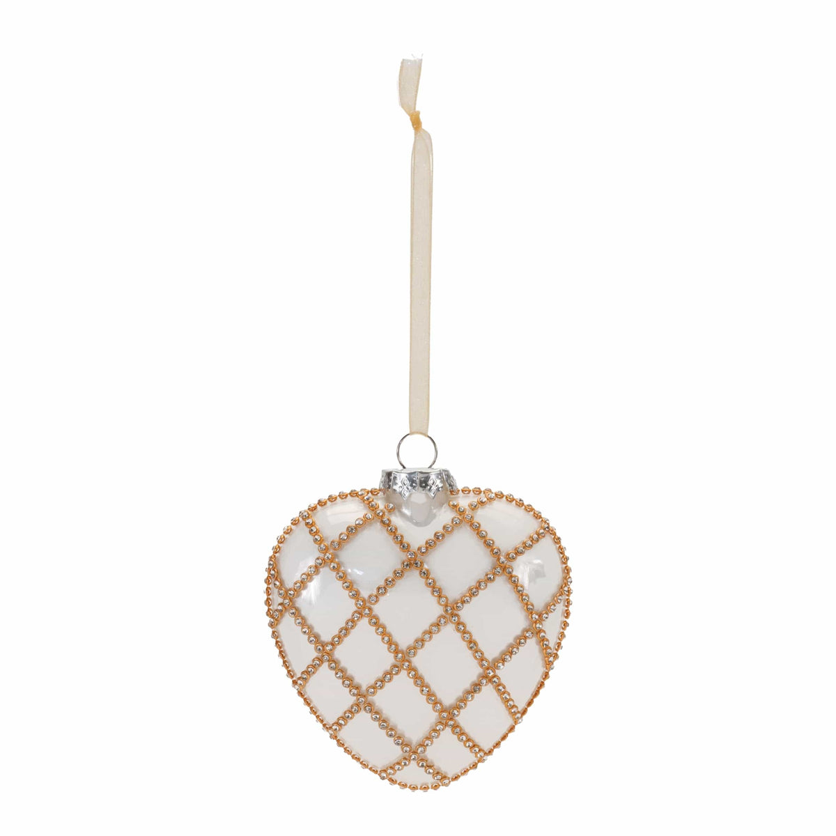 Heart-shaped glass ornament with gold beaded diamond lattice pattern and cream ribbon hanger