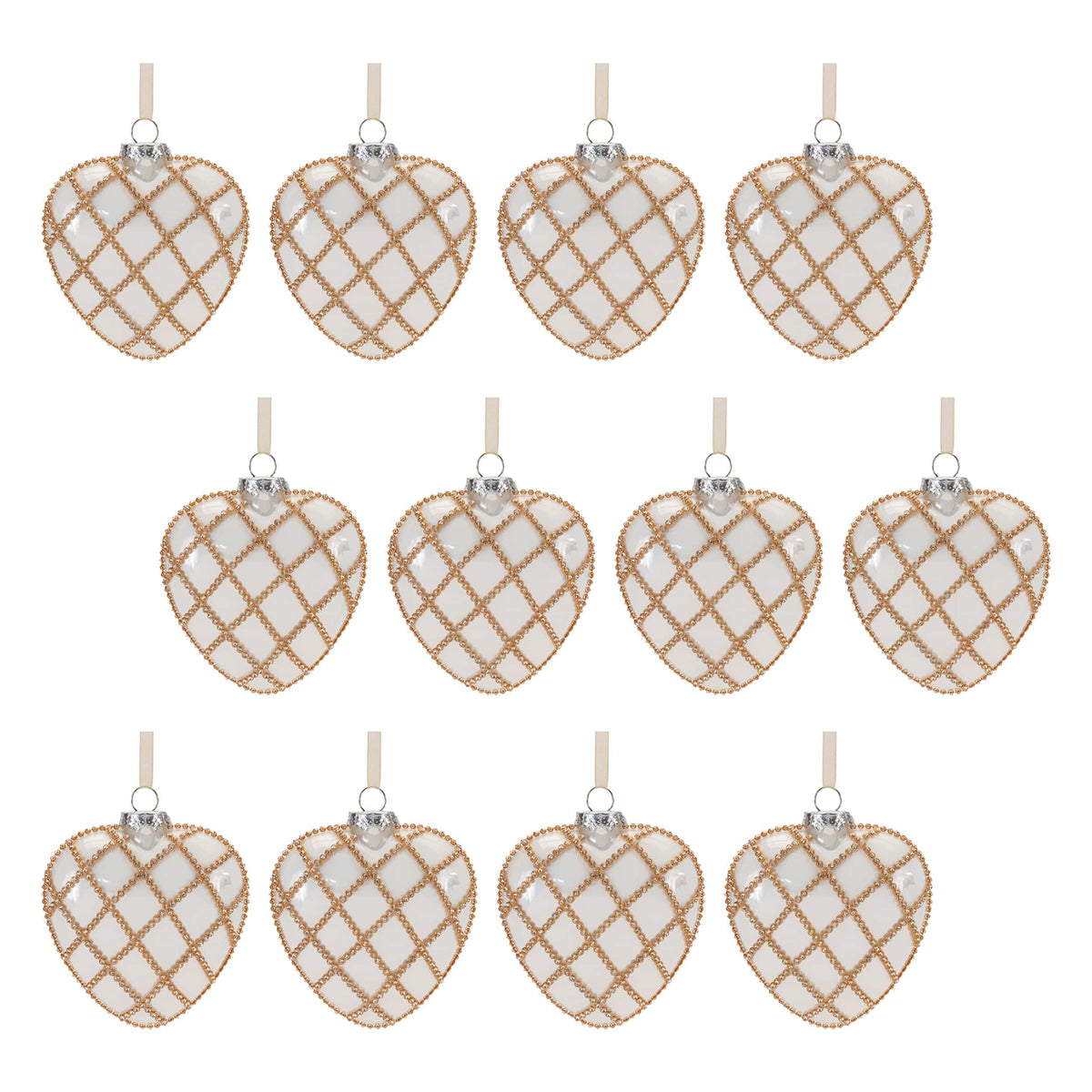 Set of 12 heart-shaped glass ornaments with gold beaded lattice pattern and ribbon hangers