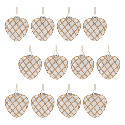 Set of 12 heart-shaped glass ornaments with gold beaded lattice pattern and ribbon hangers