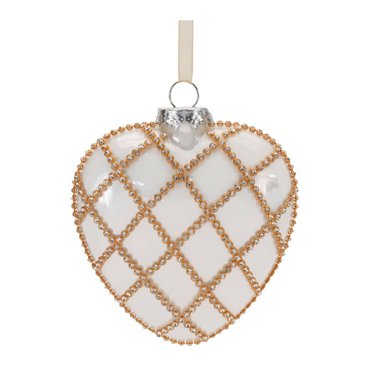 Heart-shaped glass ornament with gold beaded diamond lattice pattern and ribbon hanger