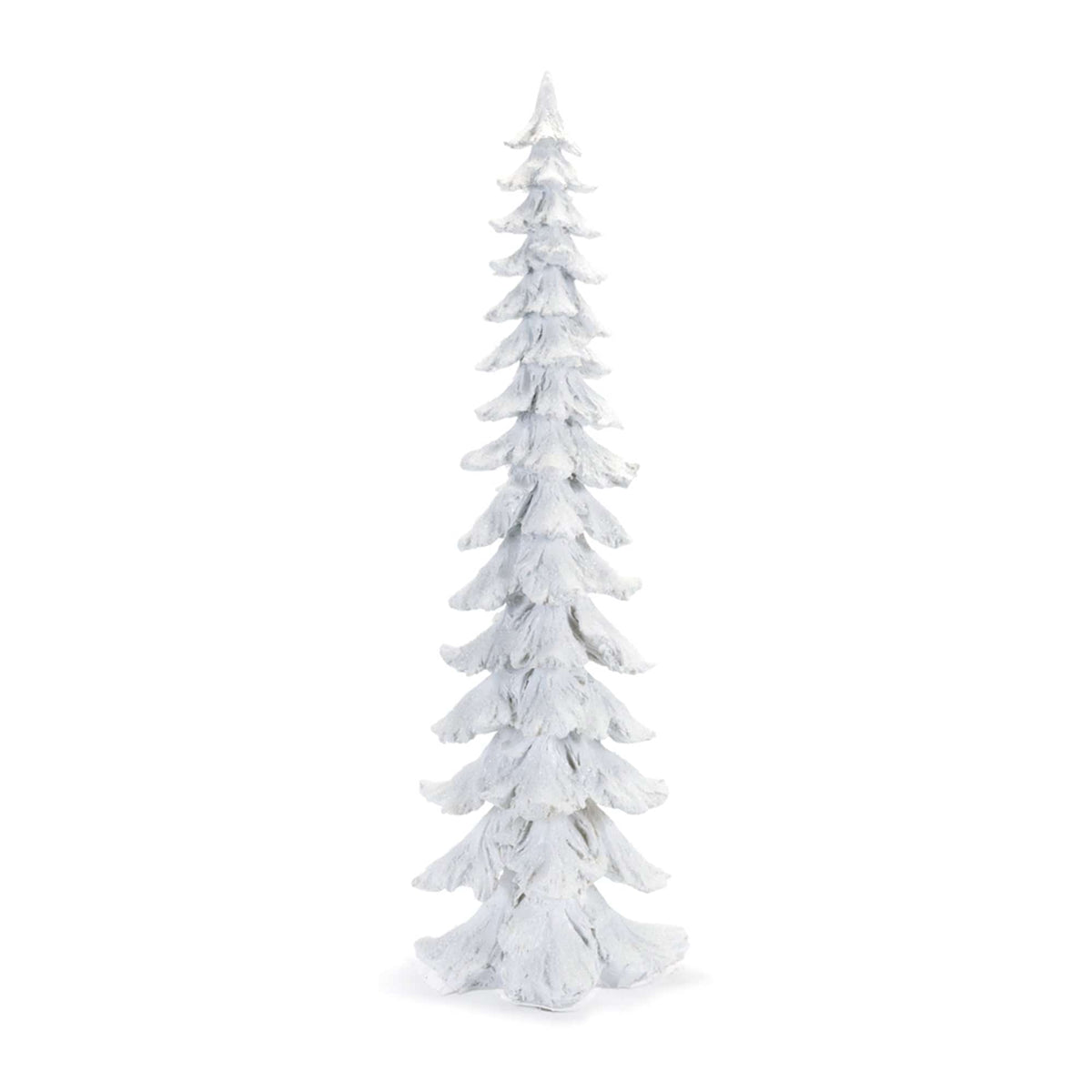 White resin snowy Christmas tree sculpture 34.5 inches tall with layered frost-covered branches