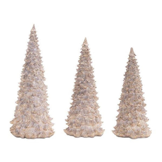 Set of three champagne gold glittered resin Christmas tree figurines in graduating heights