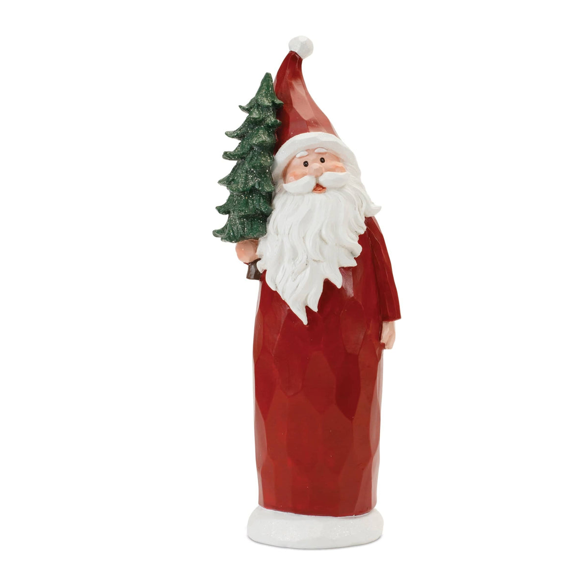 Santa Claus resin figurine in red robe holding a small green Christmas tree, front-angle view