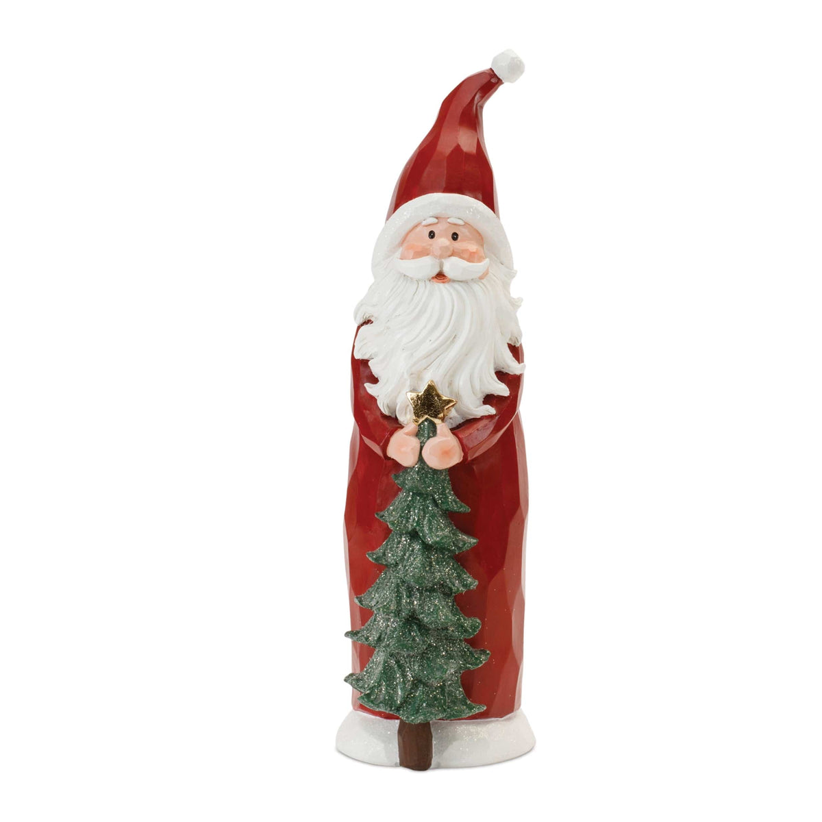 Tall Santa Claus resin figurine in red suit holding a glittery green Christmas tree with gold star