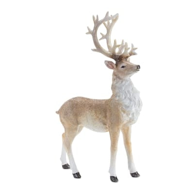 Melrose resin deer figurine, tan and white with antlers, glittery finish, standing pose
