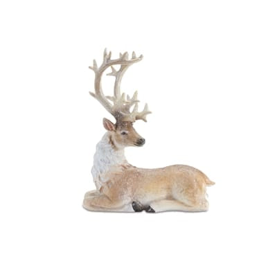 Melrose resin deer figurine, tan and white, resting pose with antlers, 13H