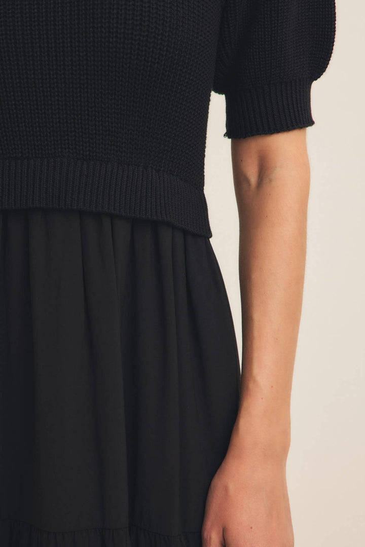 Mixed Media Sweater Midi Dress With Woven Skirt