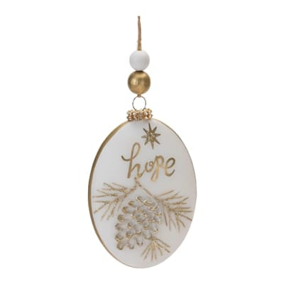 White and gold oval glass ornament with hope script and pine cone design