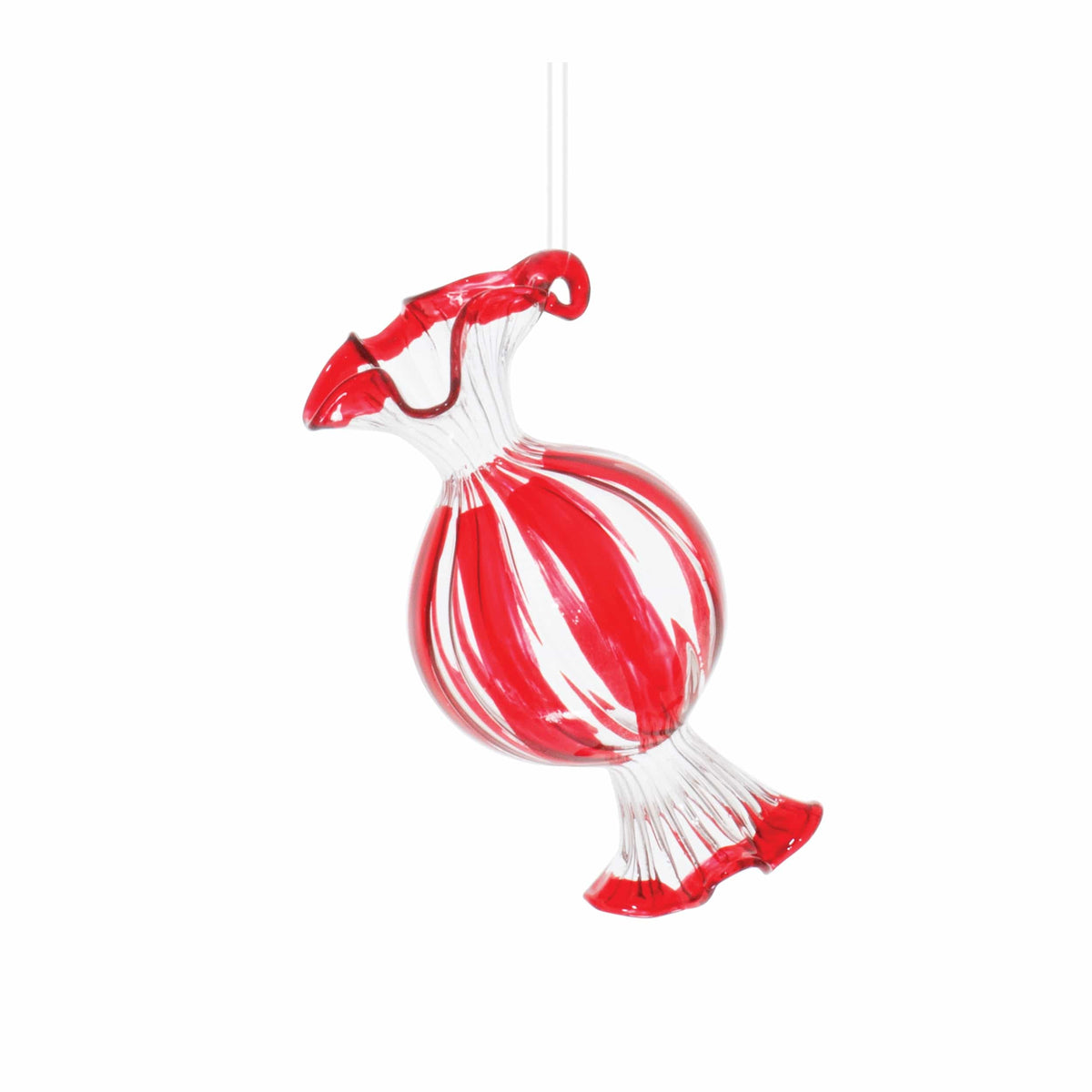 Red and clear glass candy ornament with swirl stripes and twisted wrapper ends