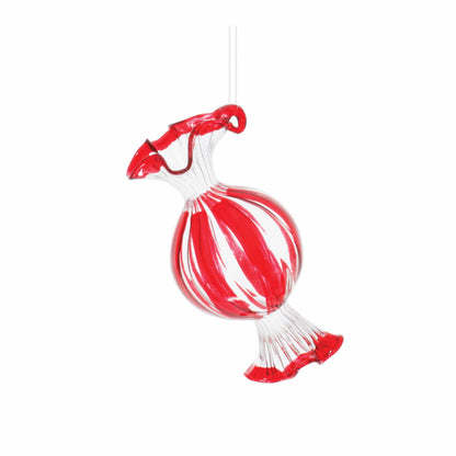 Red and clear glass candy ornament with swirl stripes and twisted wrapper ends